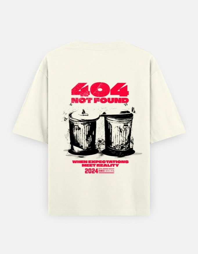 No Cap Co 404 Not Found graphic t-shirt in cream, 100% cotton, oversized fit with trash cans and text.