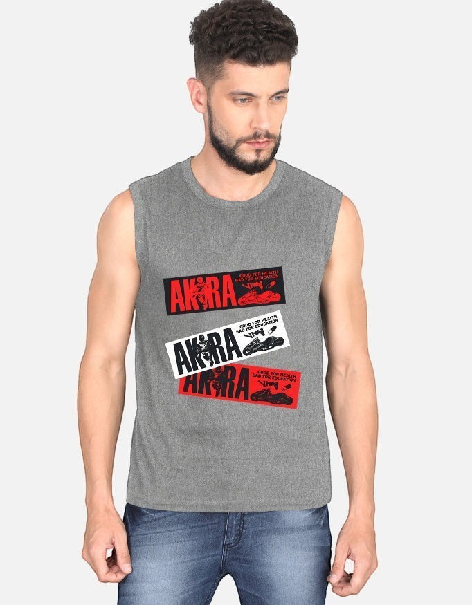 No Cap Co AKIRA sleeveless t-shirt in grey 100% cotton with graphic print on the front.