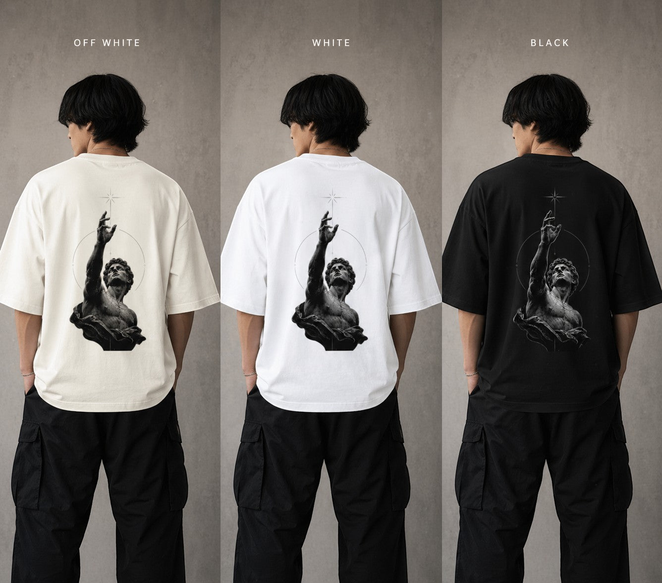 No Cap Co ASCEND oversized streetwear t-shirt in off-white, white, and black, featuring a graphic print of a statue reaching for a star.