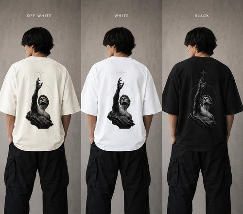 No Cap Co ASCEND oversized streetwear t-shirt in off-white, white, and black, featuring a graphic print of a statue reaching for a star.