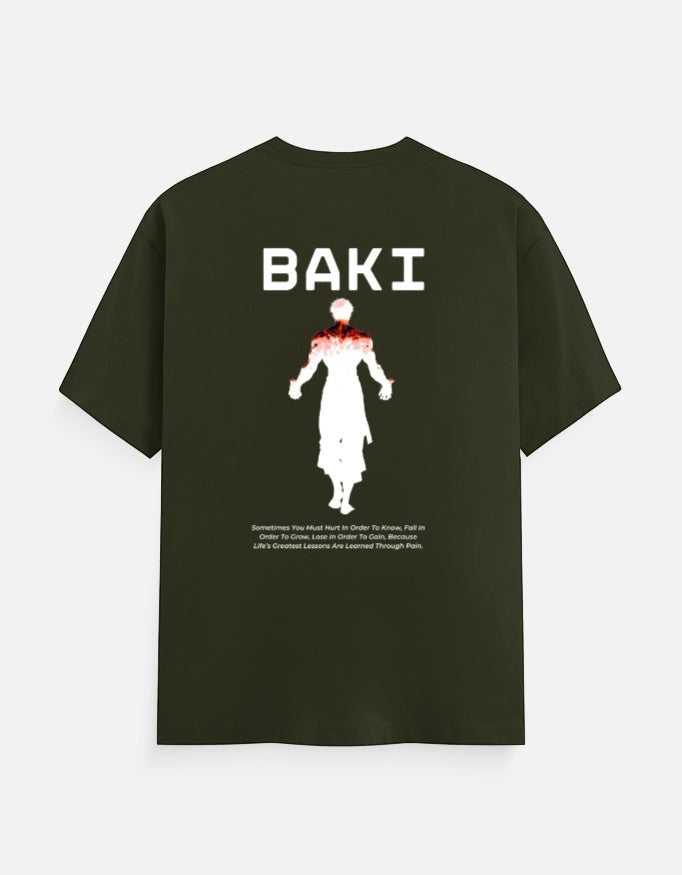 No Cap Co BAKI V2 Classic Crew T-Shirt in dark green, 100% cotton with graphic print and text.