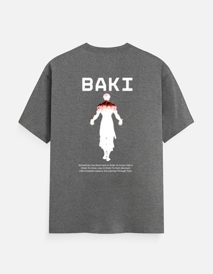 No Cap Co BAKI V2 Classic Crew T-Shirt in dark grey 100% cotton with graphic print and text on back.