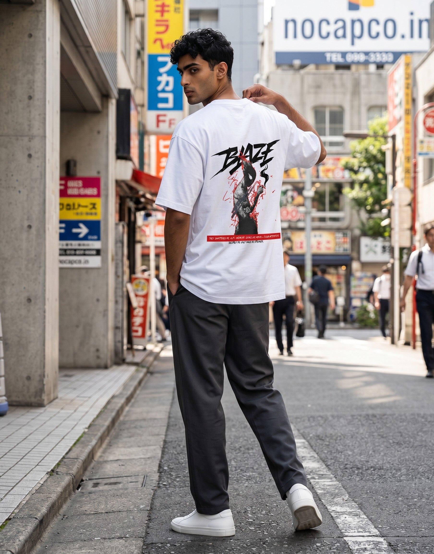 No Cap Co BALZE V2 oversized white 100% cotton t-shirt with graphic print and text.