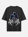 No Cap Co Berserk oversized black 100% cotton t-shirt with graphic print of a metallic skull helmet and gothic text.o