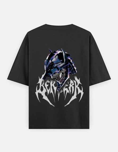 No Cap Co Berserk oversized black 100% cotton t-shirt with graphic print of a metallic skull helmet and gothic text.o