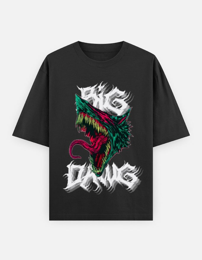 No Cap Co black 100% cotton oversized t-shirt with a graphic of a snarling wolf head and "BIG DAWG" text.