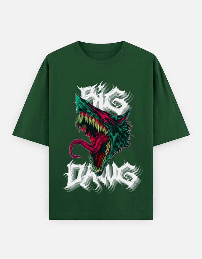 No Cap Co Big Dawg oversized green 100% cotton t-shirt with a graphic of a snarling wolf head and distressed text.
