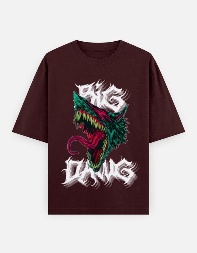 No Cap Co Big Dawg oversized t-shirt in maroon, 100% cotton with a graphic print of a snarling wolf head and distressed text.