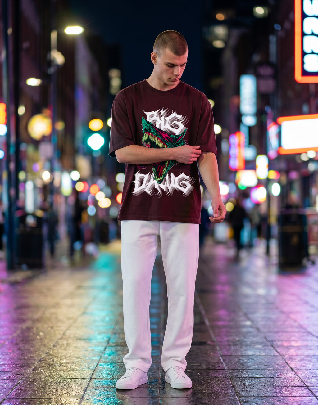 No Cap Co Big Dawg oversized maroon 100% cotton t-shirt with a graphic print of a snarling wolf head and distressed text.
