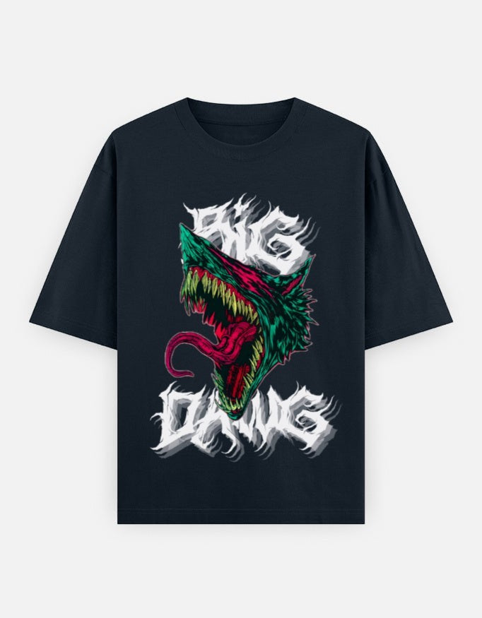 No Cap Co Big Dawg oversized navy blue 100% cotton t-shirt with a graphic print of a snarling wolf's head and dripping text.
