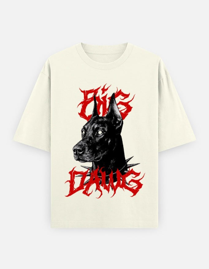 No Cap Co BIG DAWG V2 oversized cream 100% cotton t-shirt with a black Doberman graphic and red text.
