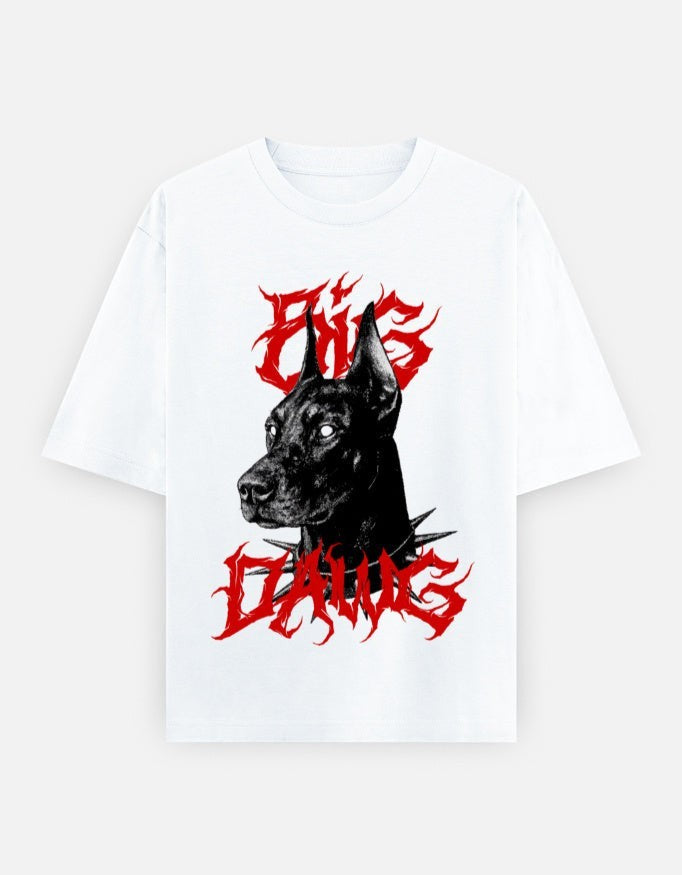 No Cap Co BIG DAWG V2 oversized white 100% cotton t-shirt with a black Doberman graphic and red distressed text.