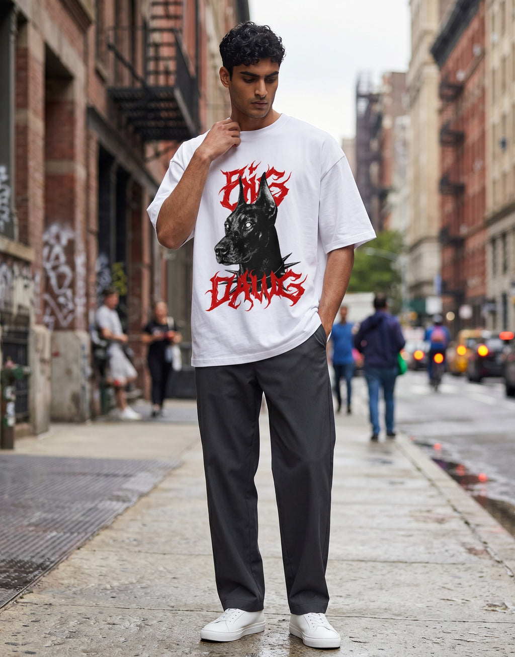 No Cap Co BIG DAWG V2 oversized white 100% cotton t-shirt with a black Doberman graphic and red distressed text.