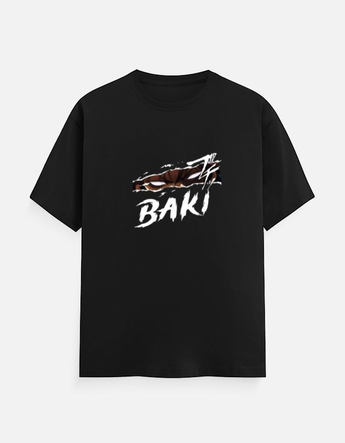 No Cap Co black 100% cotton unisex t-shirt with a ripped graphic design and the word BAKI in white.