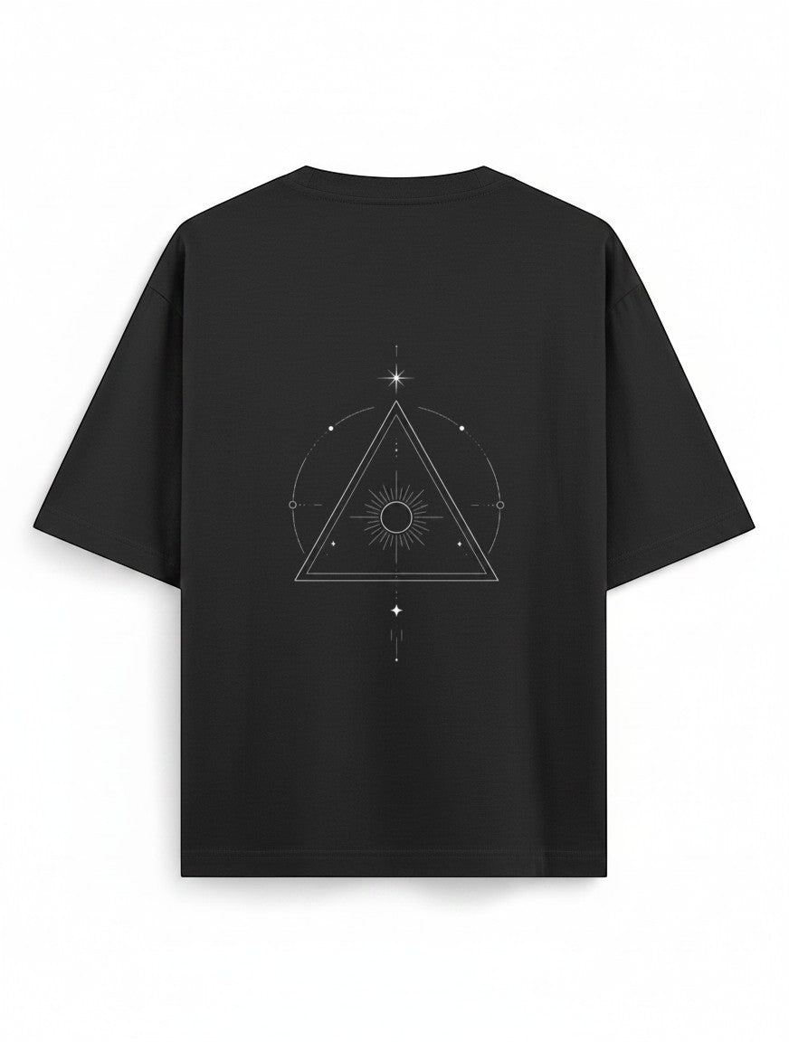 No Cap Co black oversized cotton t-shirt with a celestial triangle graphic on the back.
