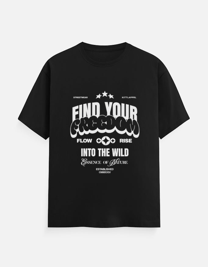 No Cap Co black 100% cotton crew neck t-shirt with "Find Your Freedom" graphic print.