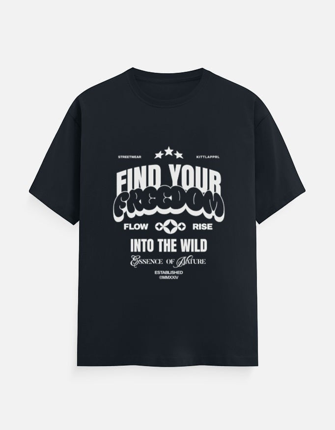 No Cap Co black 100% cotton crew neck t-shirt with "Find Your Freedom" graphic print.