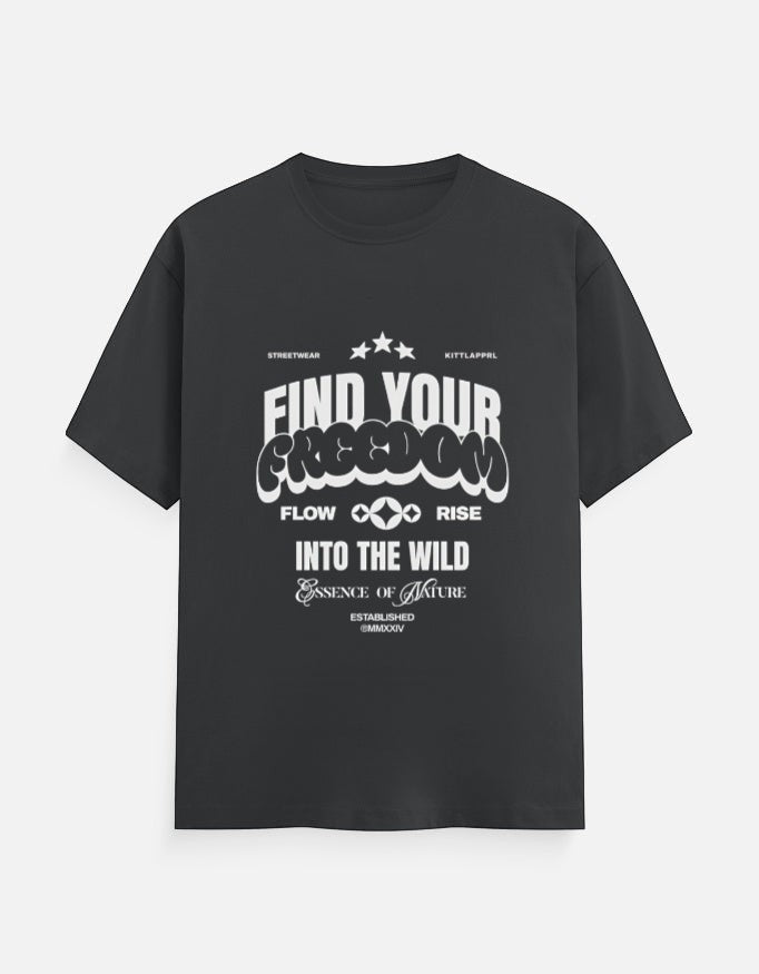 No Cap Co black 100% cotton crew neck t-shirt with "Find Your Freedom" graphic print.