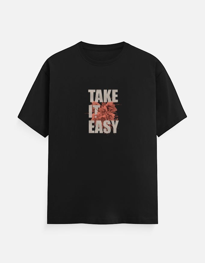 No Cap Co black 100% cotton t-shirt with "TAKE IT EASY" graphic print and floral detail.