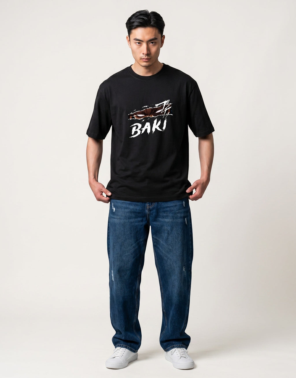 No Cap Co black 100% cotton t-shirt with a white slashed graphic and BAKI text. Unisex fit.