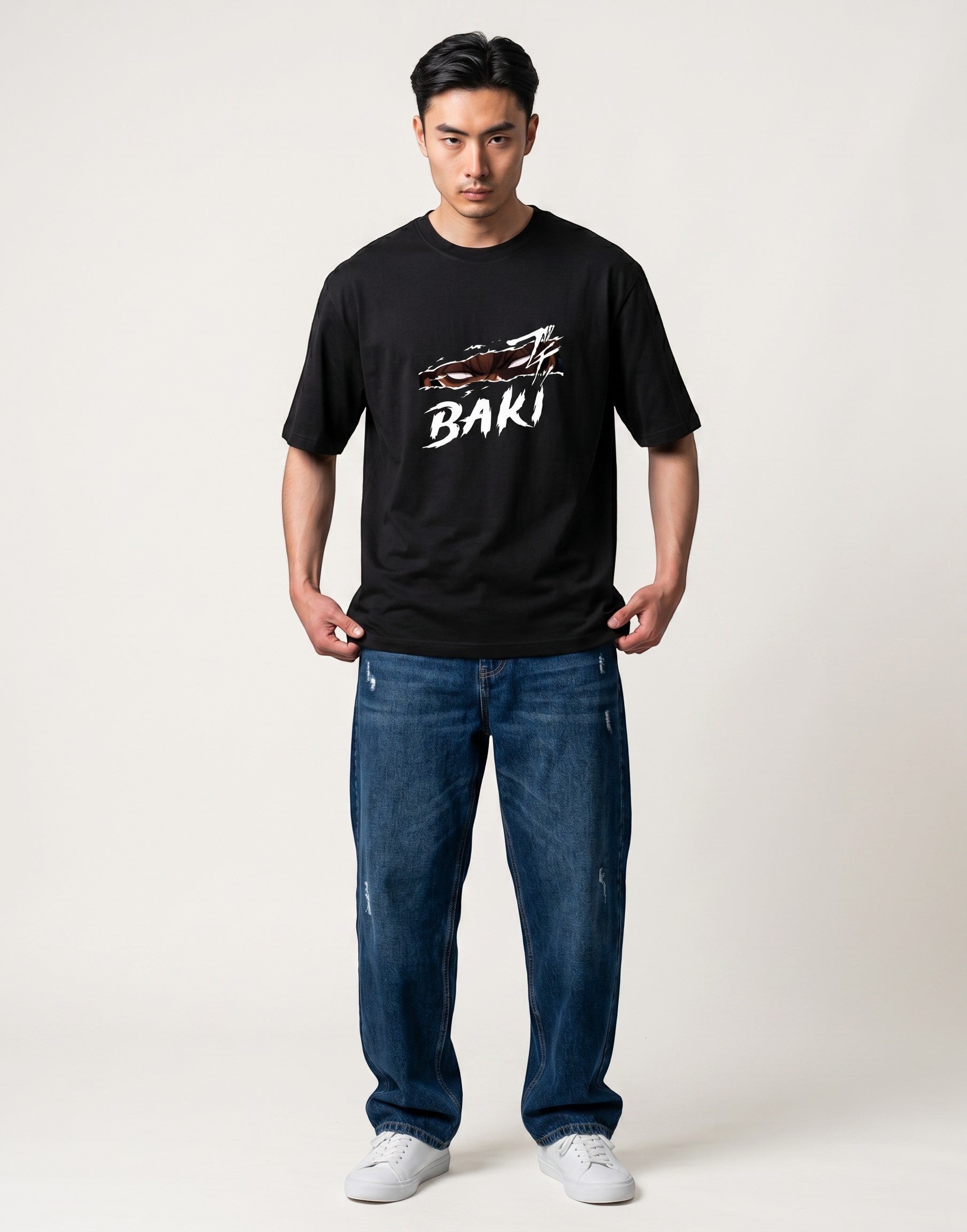 No Cap Co black 100% cotton t-shirt with a white slashed graphic and BAKI text. Unisex fit.