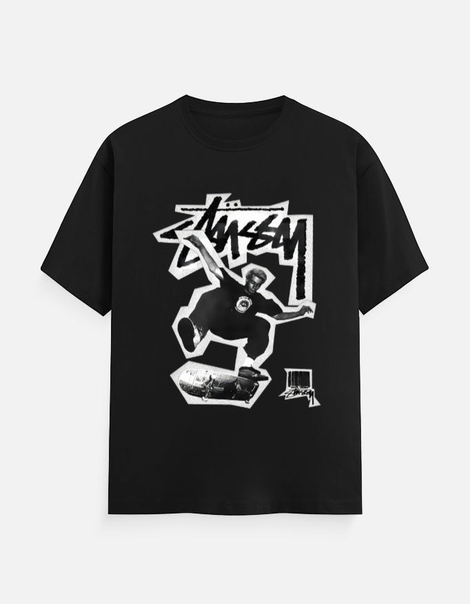 No Cap Co black 100% cotton crew neck t-shirt with a graphic print of a skateboarder mid-air.