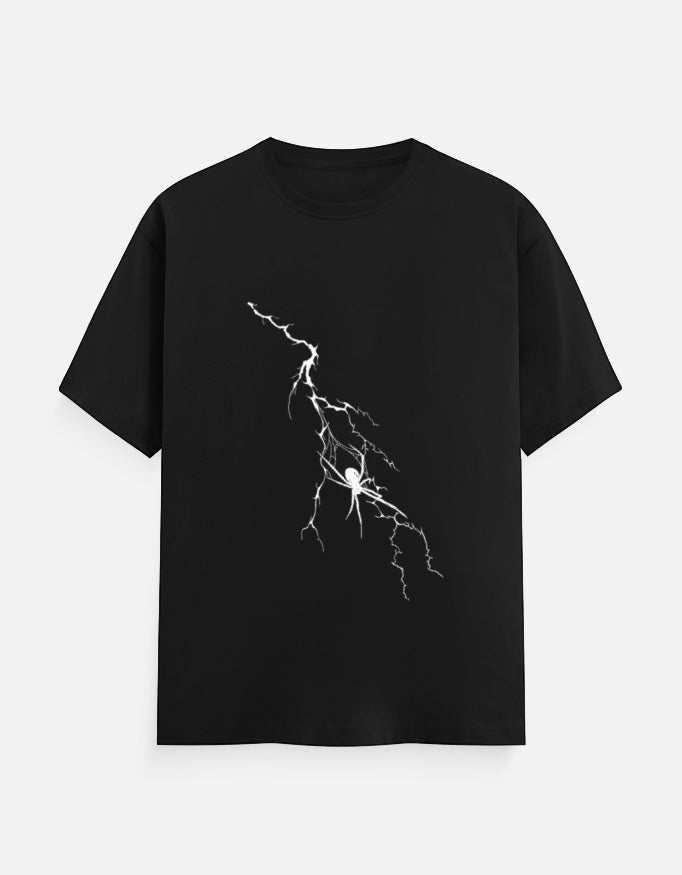 No Cap Co black 100% cotton crew neck t-shirt with a white lightning bolt and spider graphic.
