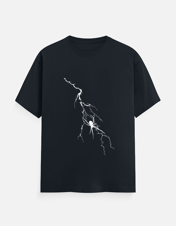 No Cap Co black 100% cotton crew neck t-shirt with a white lightning bolt and spider graphic.