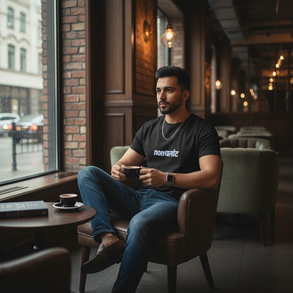 No Cap Co black 100% cotton unisex t-shirt with subtle minimalist print 'nonchalant' in blue.