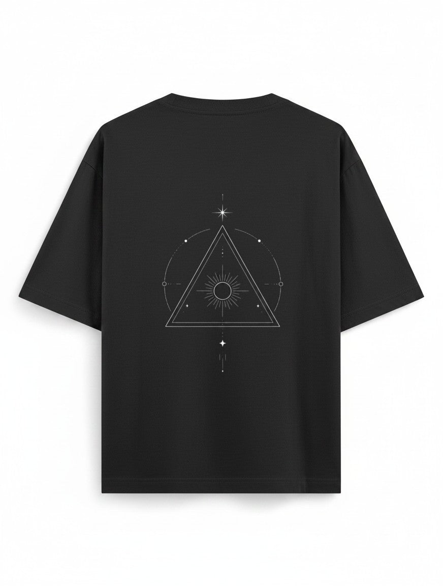No Cap Co black oversized t-shirt with a geometric sun and star print on the back. Made from 240 GSM cotton-polyester blend.