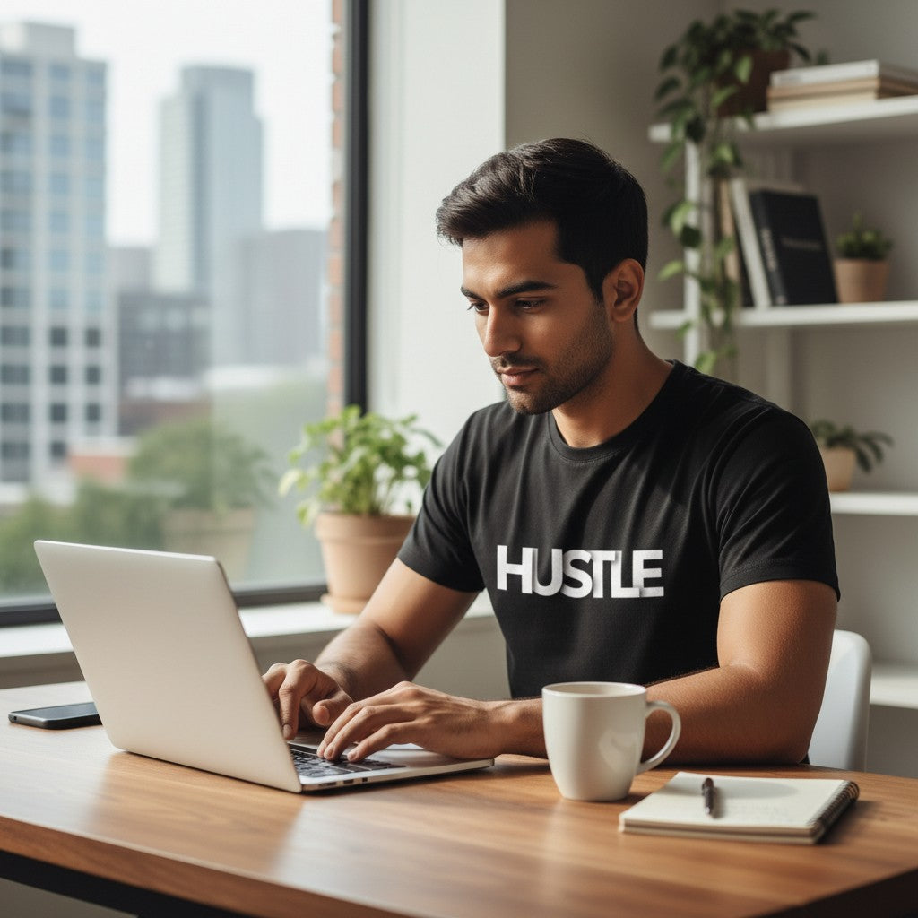No Cap Co black 100% cotton unisex regular fit t-shirt with bold white 'HUSTLE' text graphic.
