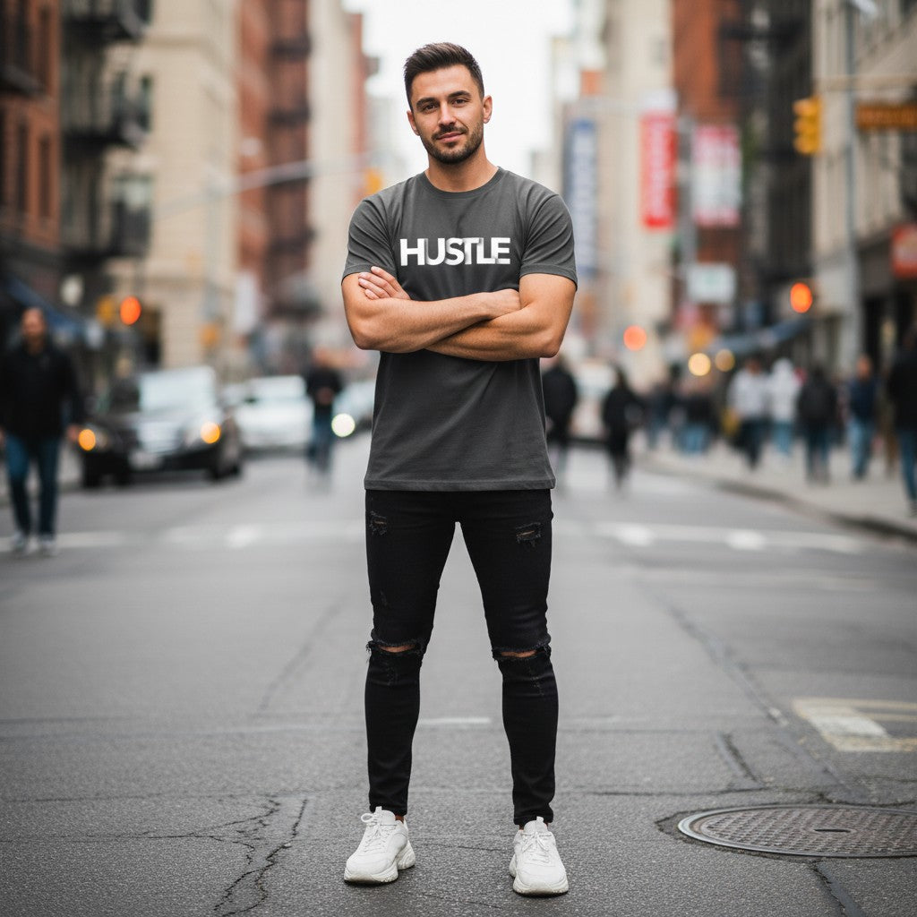 No Cap Co black 100% cotton unisex regular fit t-shirt with bold white 'HUSTLE' graphic.