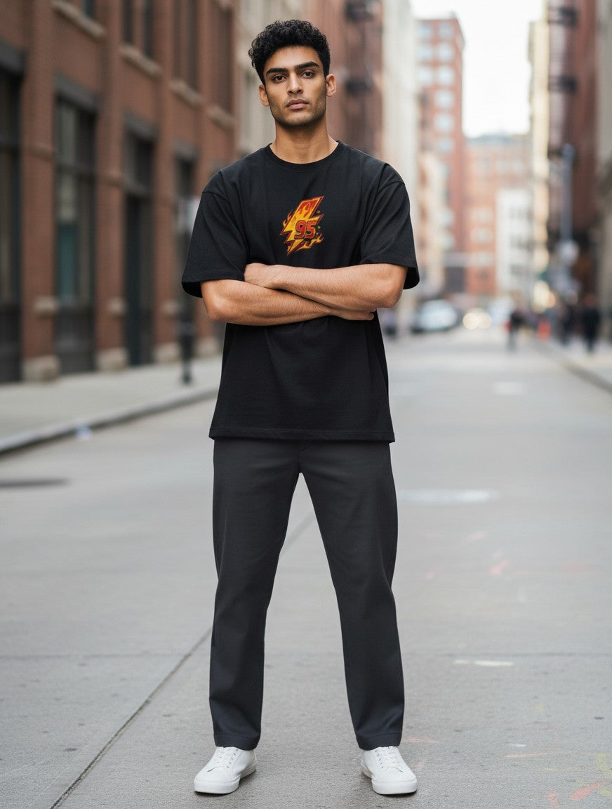 No Cap Co black 100% cotton t-shirt with a fiery lightning bolt graphic and the number 95.