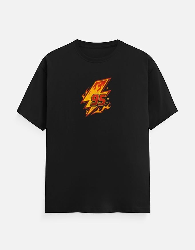 No Cap Co black 100% cotton t-shirt with a fiery lightning bolt graphic and the number 95.