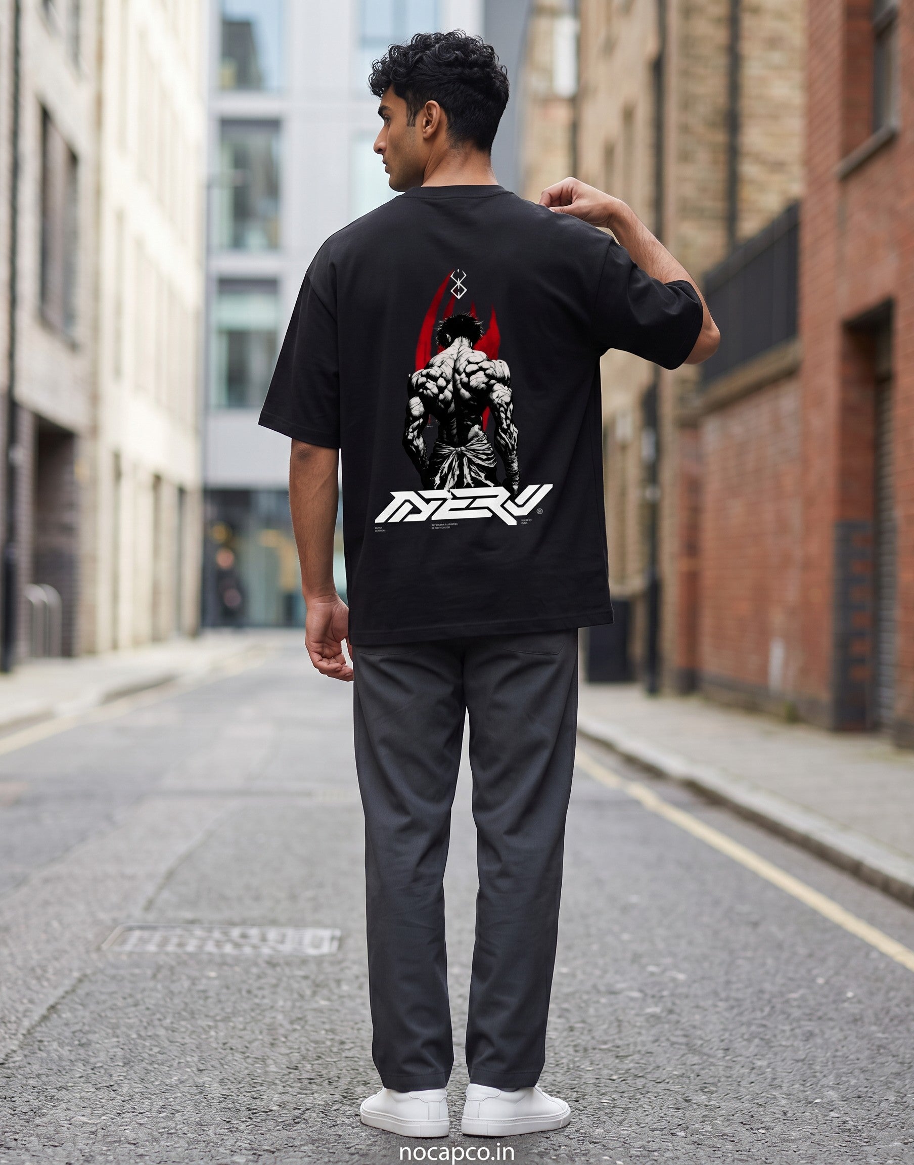 No Cap Co black 100% cotton oversized t-shirt with graphic print of muscular figure and NERU logo.
