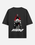 No Cap Co black 100% cotton oversized t-shirt with graphic print of a muscular figure and red accents.
