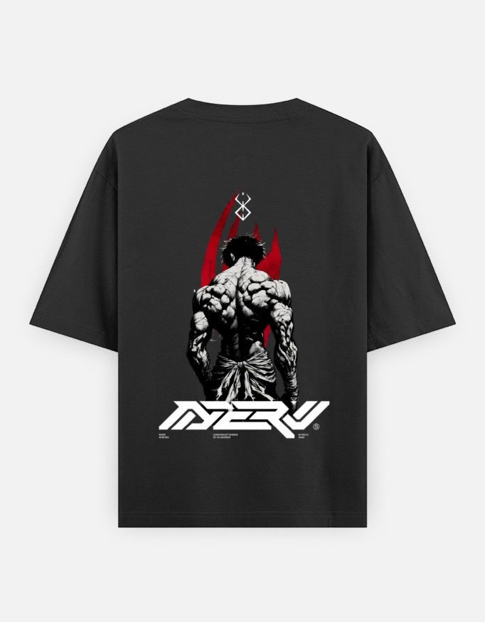 No Cap Co black 100% cotton oversized t-shirt with graphic print of a muscular figure and red accents.