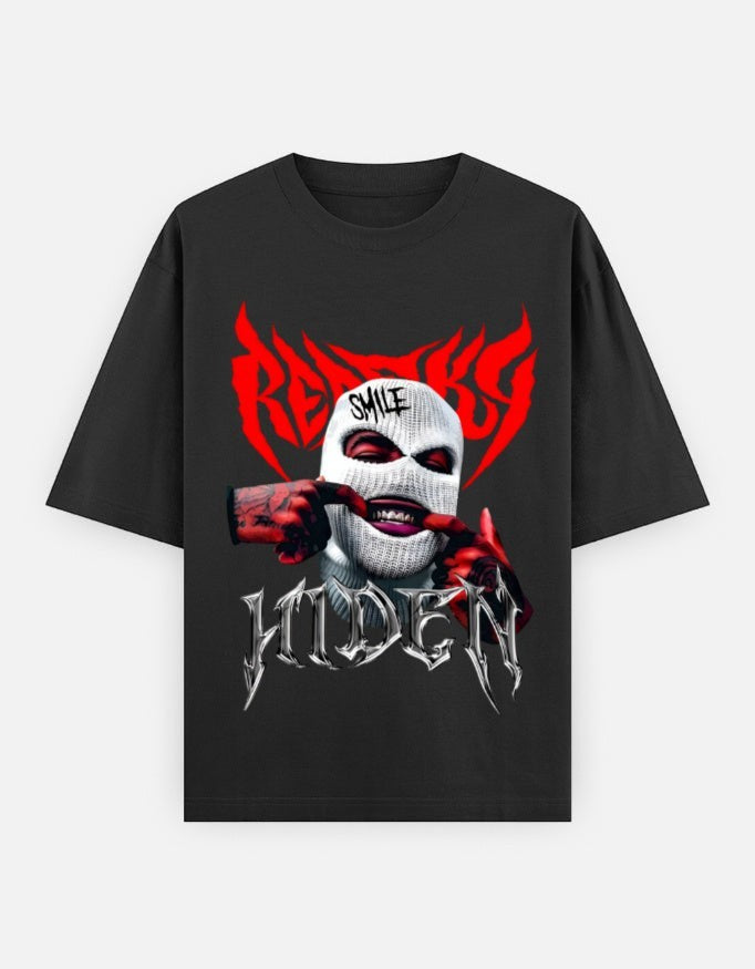 No Cap Co black 100% cotton oversized t-shirt with a graphic print of a person wearing a white balaclava and red gloves, with the text "HIDDEN" below.