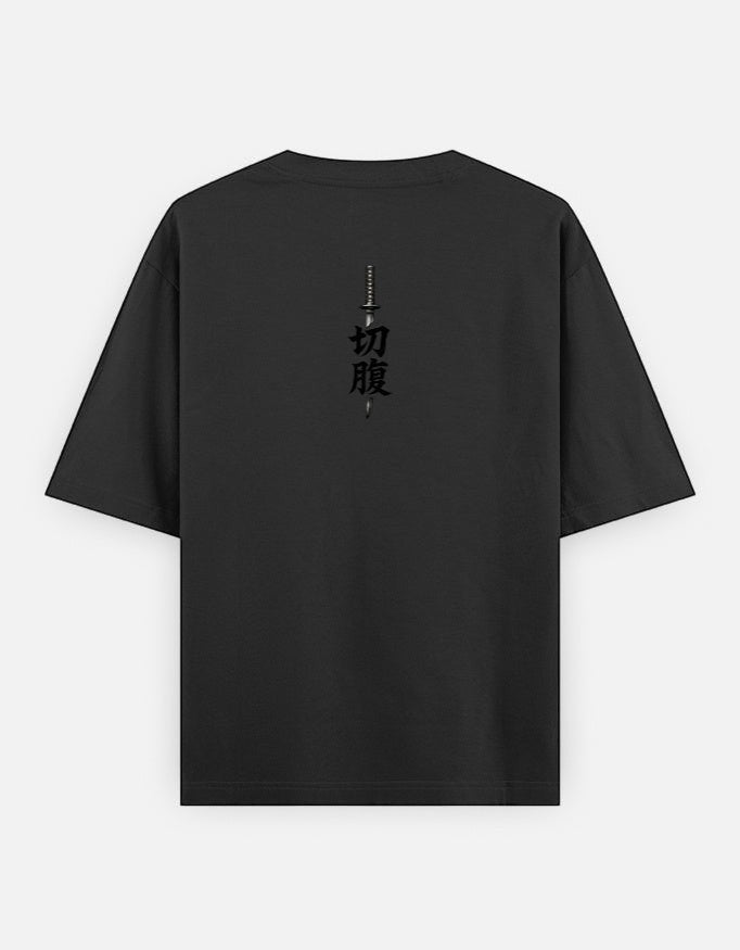 No Cap Co black oversized t-shirt with Japanese text and sword graphic on back, 240 GSM cotton-polyester blend.