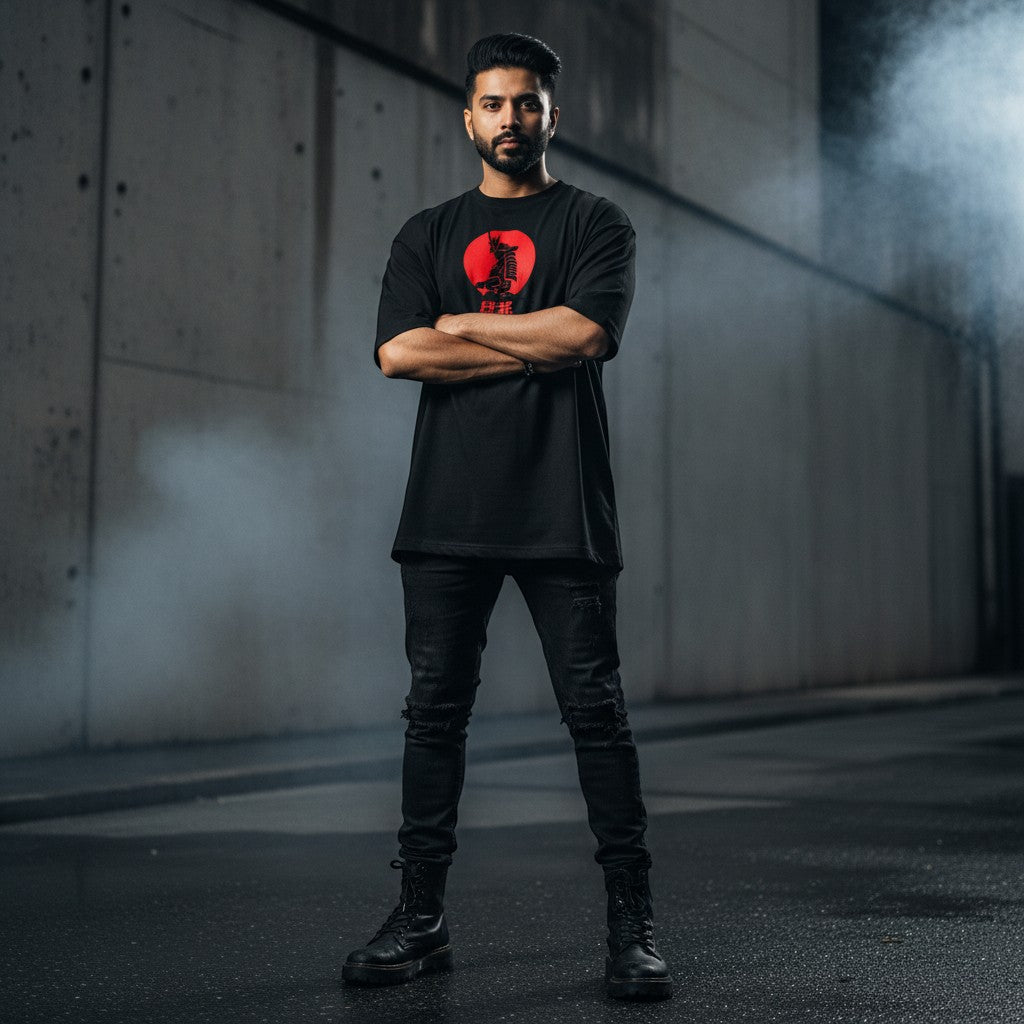 No Cap Co black oversized t-shirt with red samurai graphic print on chest, worn by a man.