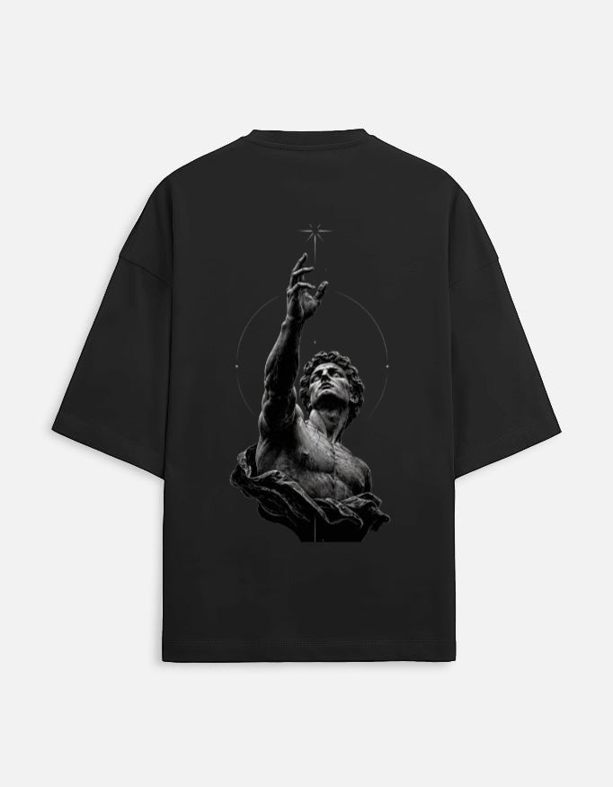No Cap Co black oversized t-shirt with a graphic print of a classical statue reaching for a star.