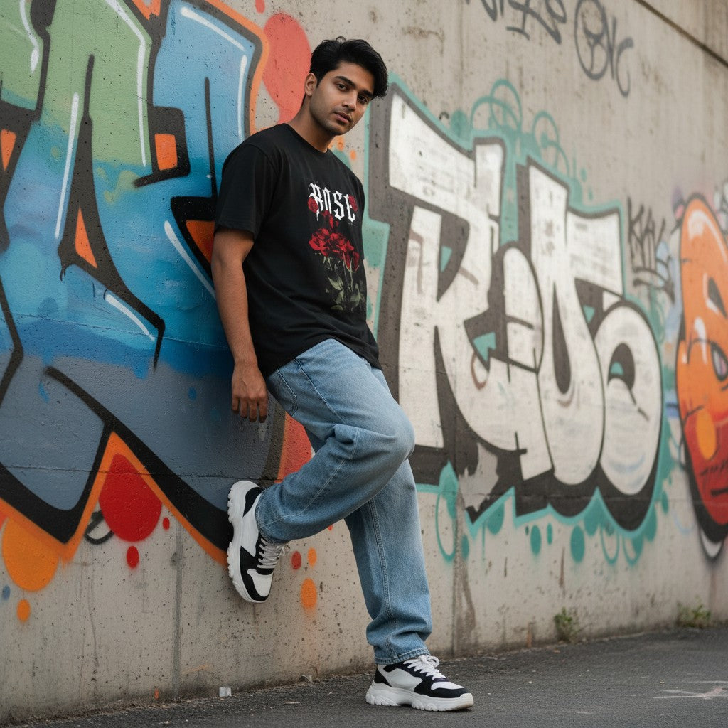 No Cap Co black 100% cotton t-shirt with a bold red rose graphic and gothic font spelling 'ROSE'.