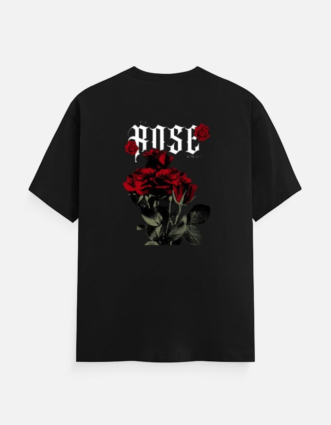 No Cap Co black 100% cotton t-shirt with a bold red rose graphic and the word ROSE in gothic font.
