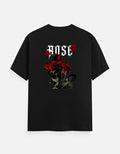 No Cap Co black 100% cotton t-shirt with a bold red rose graphic and the word ROSE in gothic font.