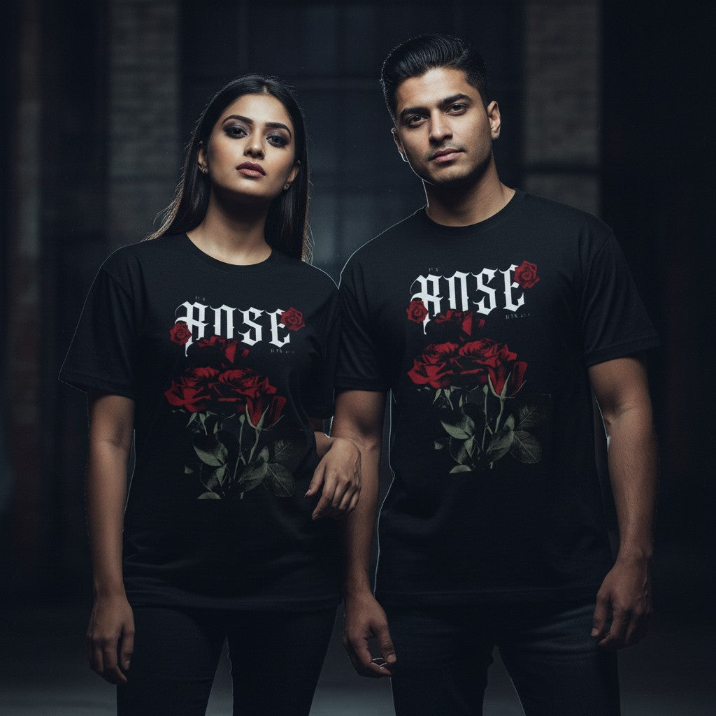 No Cap Co black 100% cotton unisex t-shirt with a bold red rose graphic and the word ROSE in gothic font.