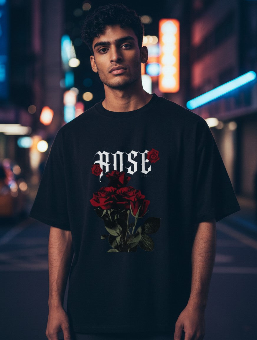 No Cap Co black 100% cotton t-shirt with a bold red rose graphic and the word ROSE in gothic font.