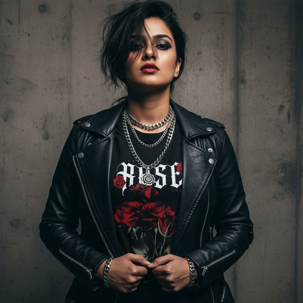 No Cap Co black 100% cotton t-shirt with a gothic 'ROSE' graphic and red roses design.
