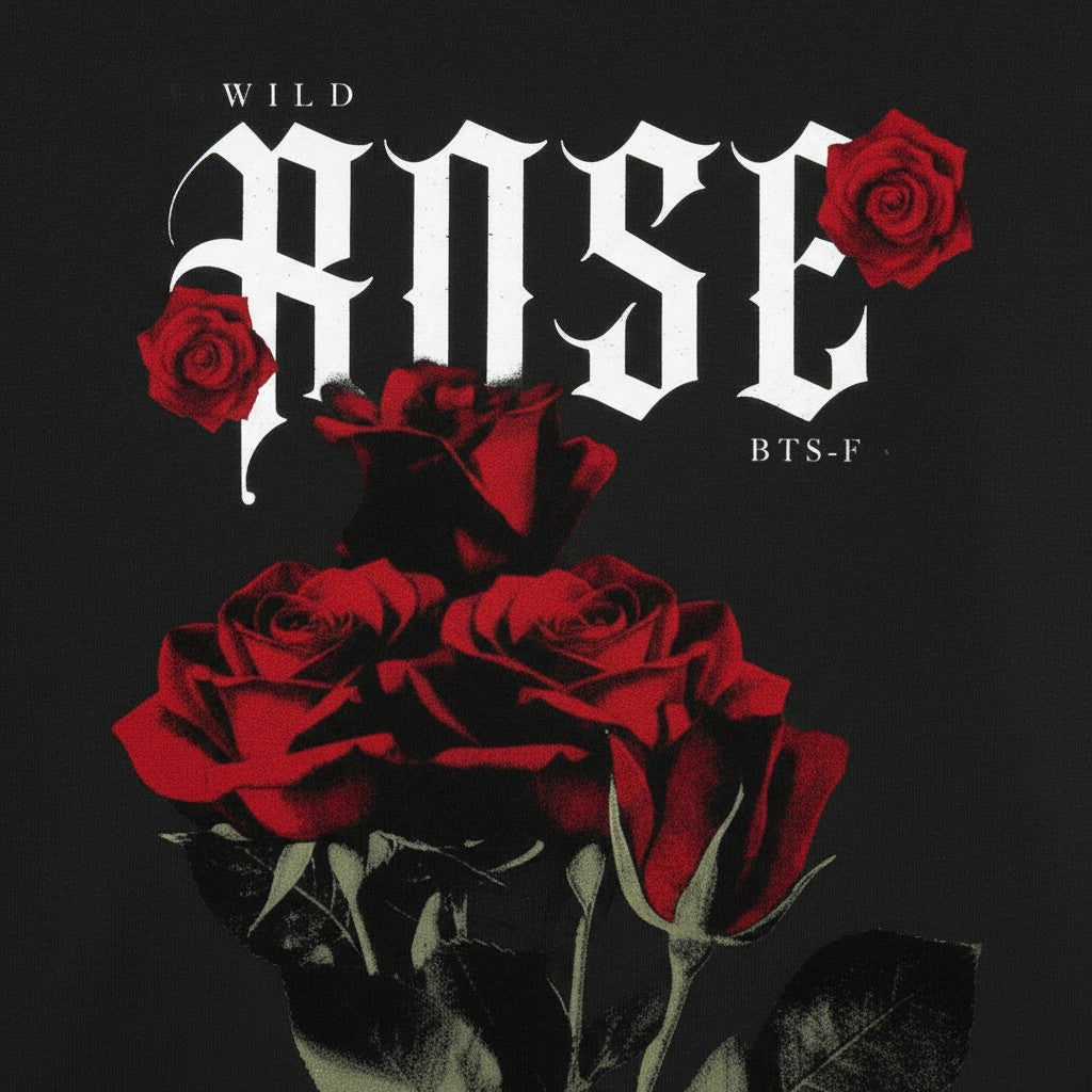 No Cap Co black 100% cotton t-shirt with a bold red rose graphic and gothic