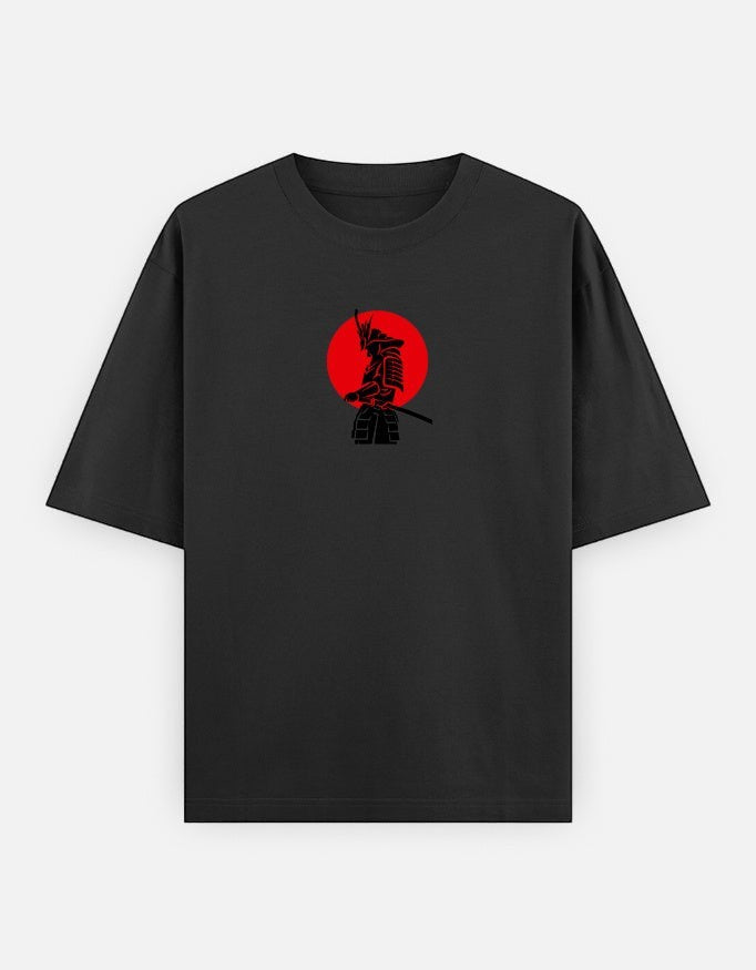 No Cap Co black oversized t-shirt with a red sun and black samurai graphic print.