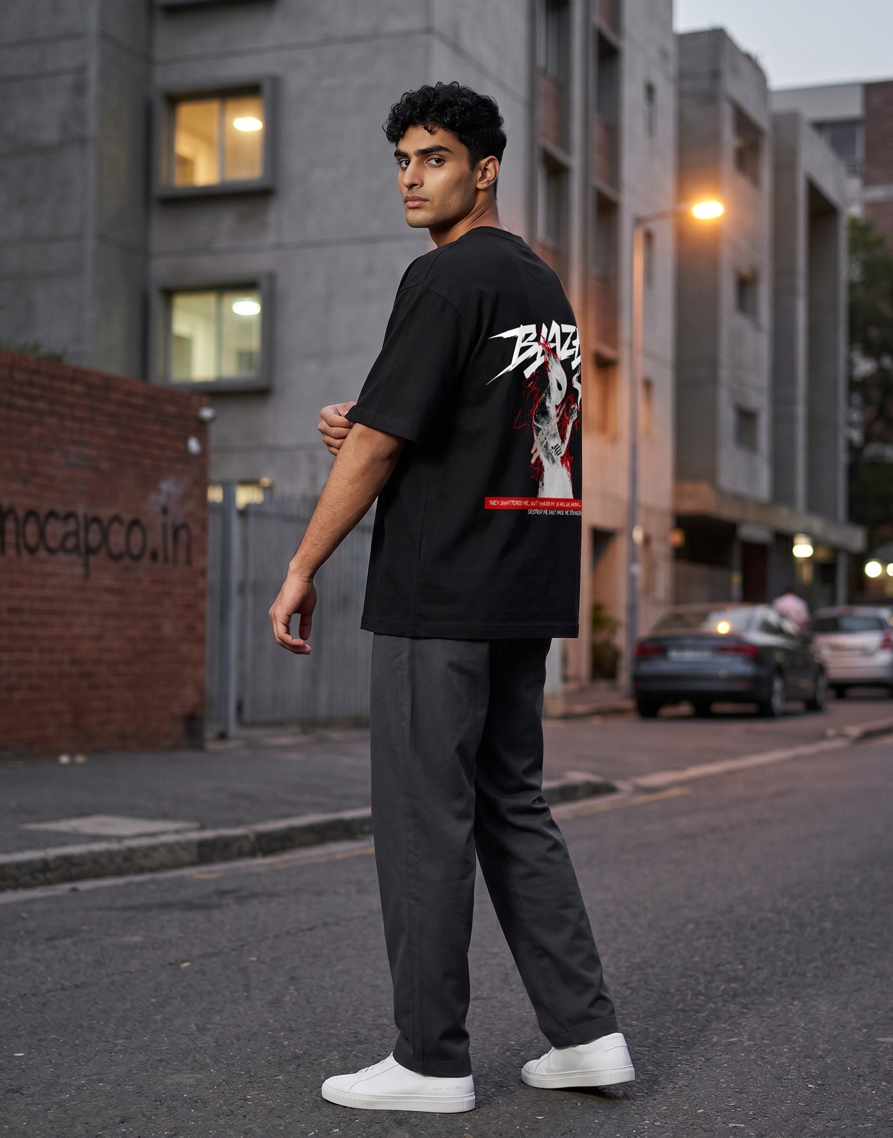 No Cap Co Blaze oversized black 100% cotton t-shirt with graphic print and text.